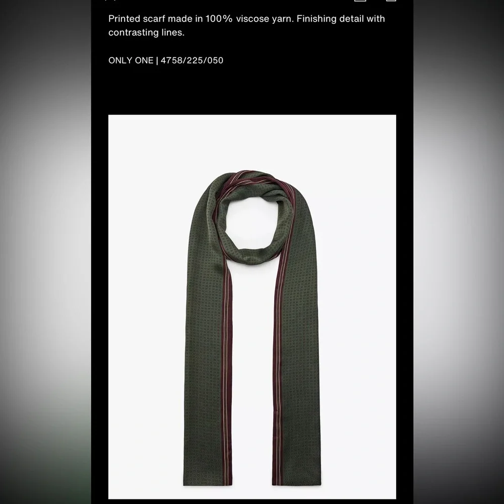 Zara satin printed scarf, 100% viscose, 8”x 80”